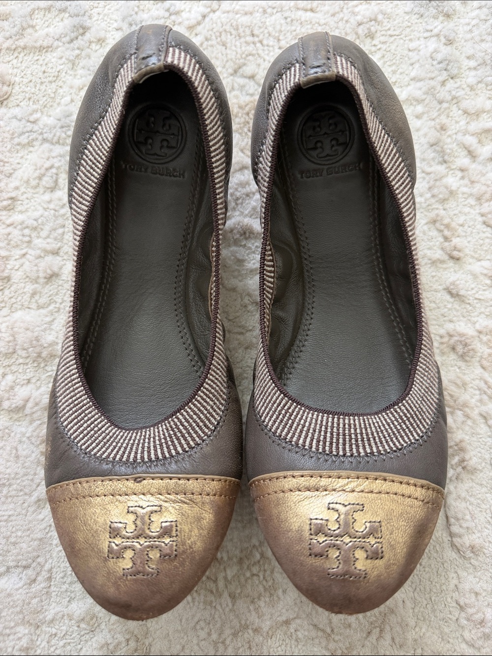 Tory Burch Brown Leather Ballet Flats with Gold Toe Caps
